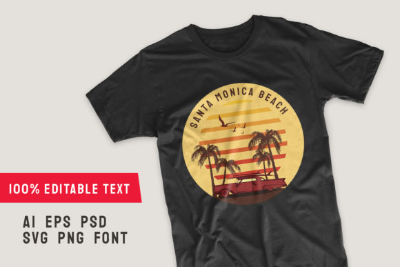 Santa Monica Beach Palm and Car T-shirt Graphics